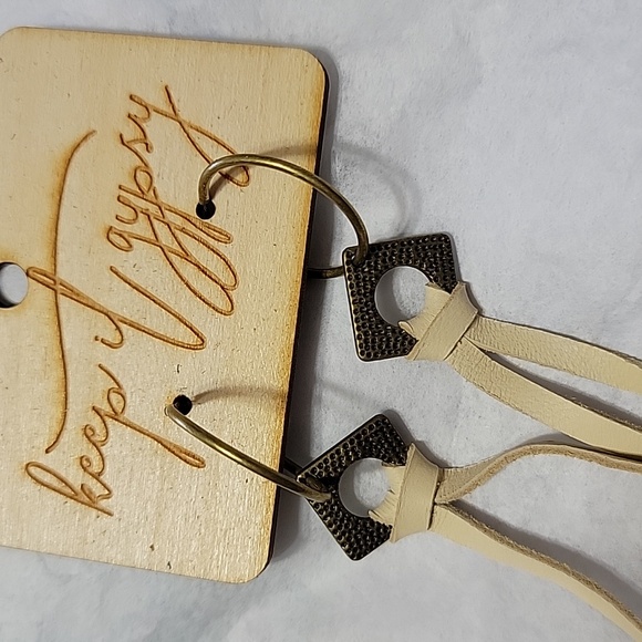 Keep It Gypsy Leather Tassels Dangle Earrings Sand Antiqued Hoops Rustic Metal - Picture 2 of 6